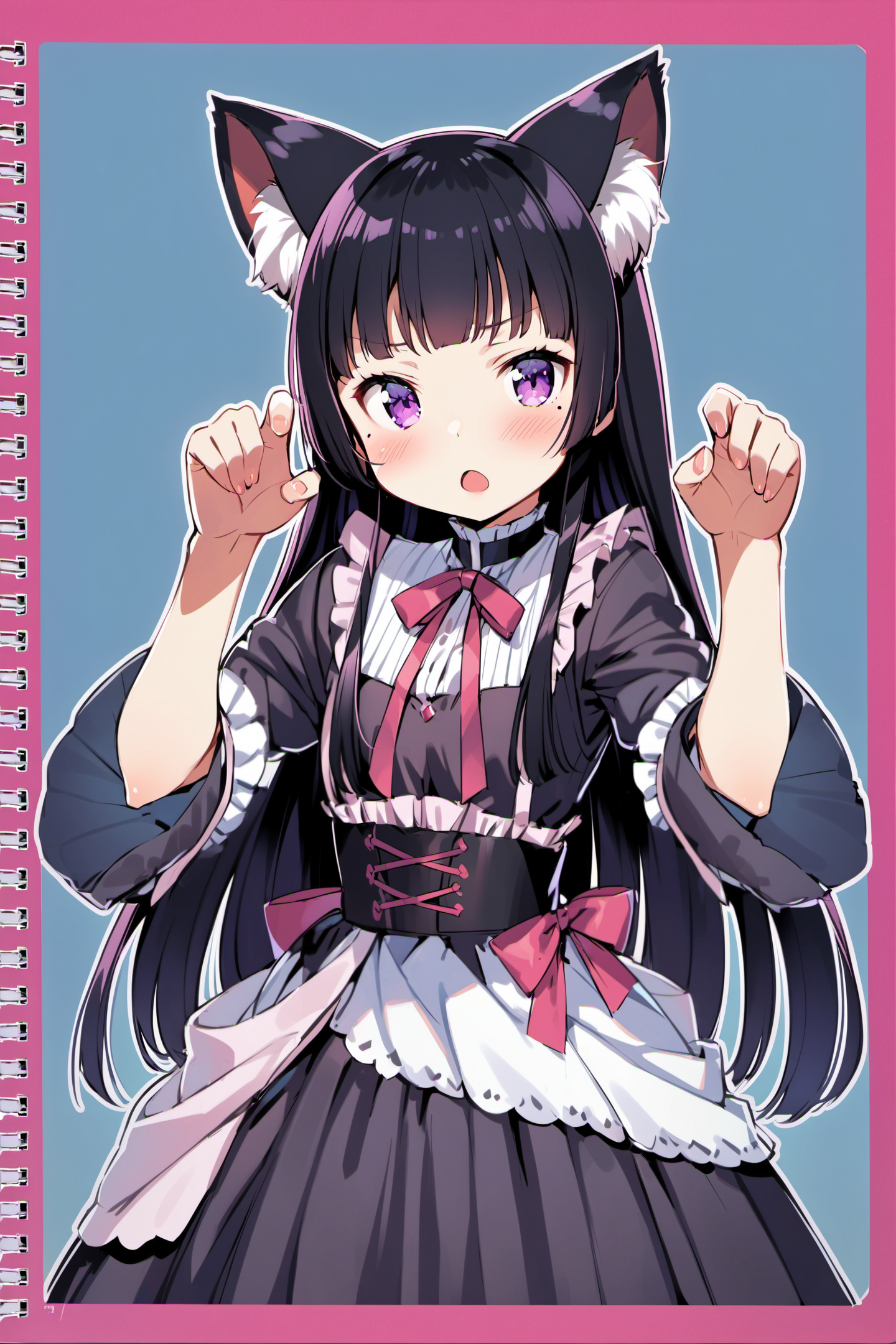 23323-266203892-1girl, gokou ruri, animal ears, long hair, solo, mole under eye, black hair, cat ears, paw pose, mole, purple eyes, dress, blush.png